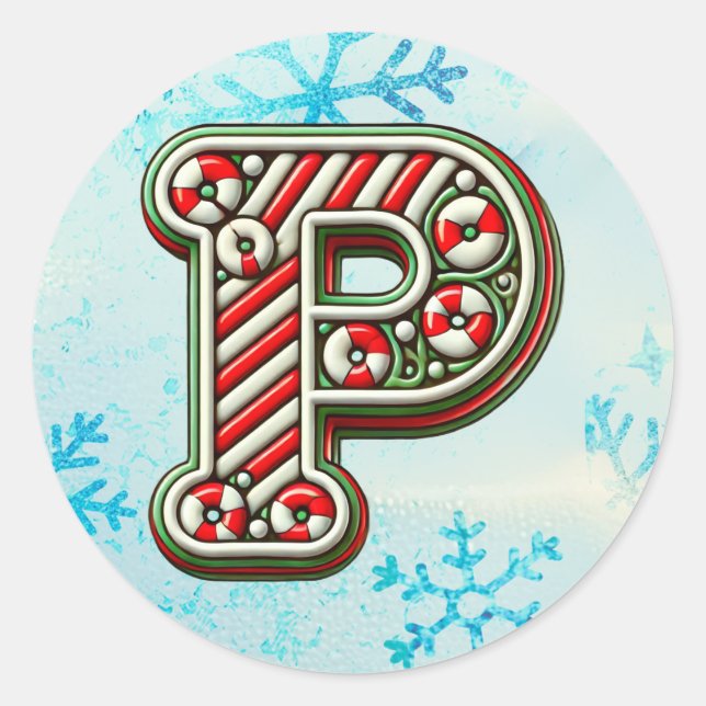 Candy Cane Christmas "P" Sticker, Festive Stripes Classic Round Sticker (Front)