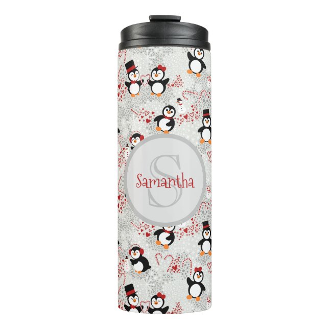 Candy Cane Christmas Penguins Personalised Name Thermal Tumbler (Front)