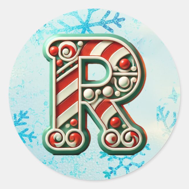 Candy Cane Christmas "R" Sticker, Festive Stripes Classic Round Sticker (Front)