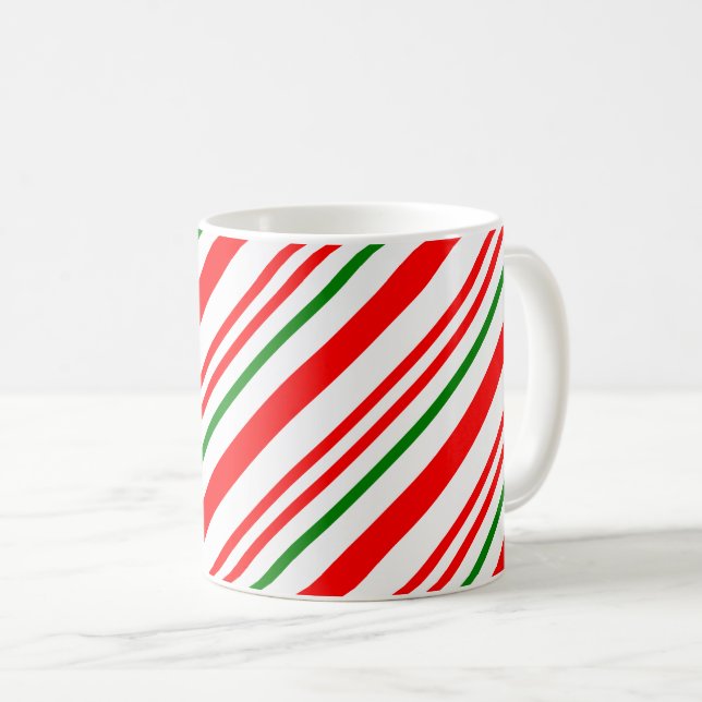 Candy Cane Christmas Red Green Stripes Pattern Coffee Mug (Front Right)