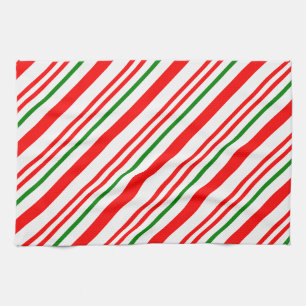 Candy Cane Christmas Red Green Stripes Pattern Tea Towel