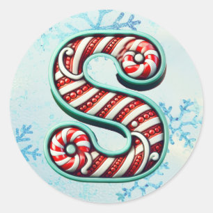 Candy Cane Christmas "S" Sticker, Festive Stripes Classic Round Sticker