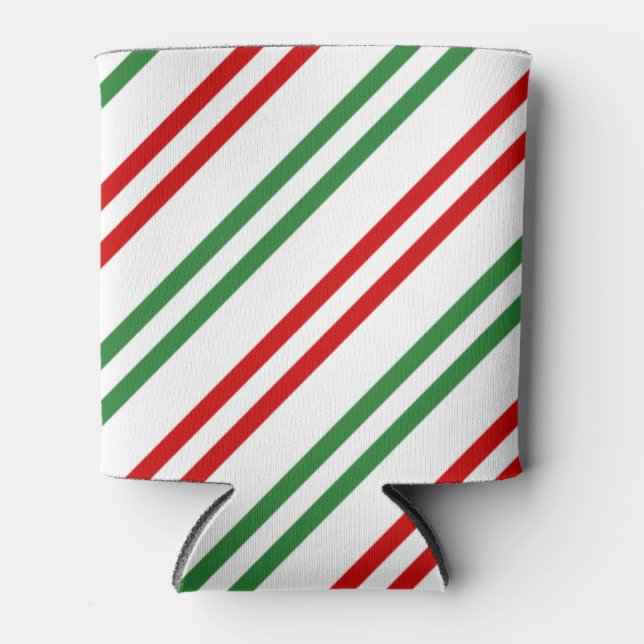 Candy Cane Christmas Stripes Red Green Can Cooler (Front)