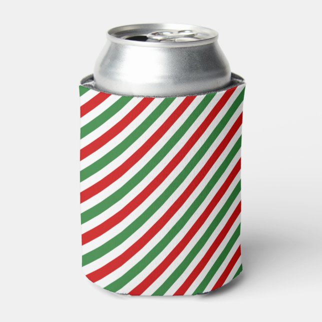 Candy Cane Christmas Stripes Red Green Can Cooler (Can Front)