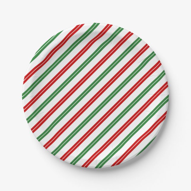 Candy Cane Christmas Stripes Red Green Paper Plate (Front)