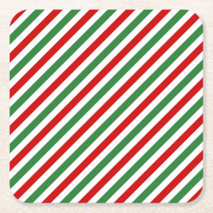 Candy Cane Christmas Stripes Red Green Square Paper Coaster