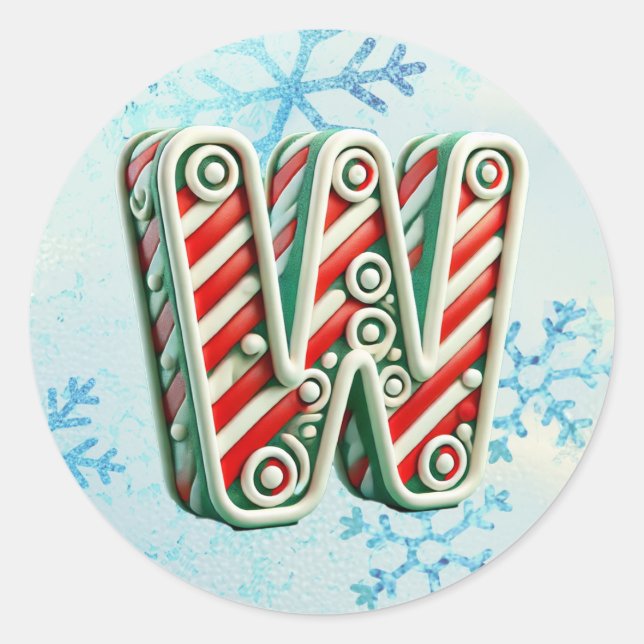 Candy Cane Christmas "W" Sticker, Festive Stripes Classic Round Sticker (Front)