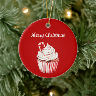 Candy Cane Cupcake Christmas Ceramic Ornament