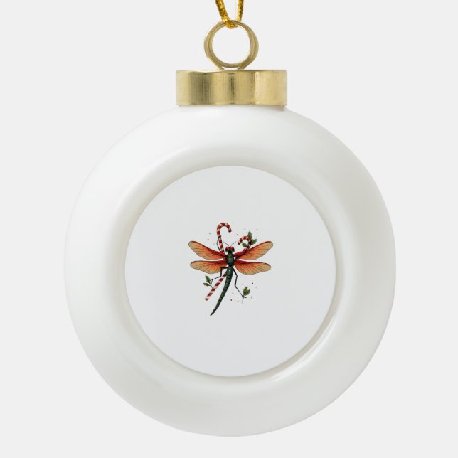 Candy Cane Dragonfly Ceramic Ball Christmas Ornament (Front)