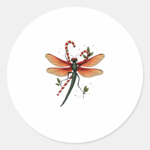 Candy Cane Dragonfly Classic Round Sticker