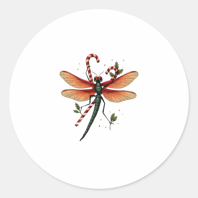 Candy Cane Dragonfly Classic Round Sticker (Front)