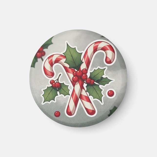Candy Cane Duo With Holly And Berries Magnet (Front)