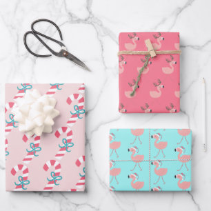 Candy Cane & Flamingos - Cute Tropical Christmas  Wrapping Paper Sheet