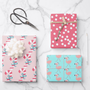 Candy Cane, Flamingos & dots Tropical Christmas Wrapping Paper Sheet