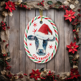 Candy Cane Frame Funny Cowabunga Cow Ceramic Ornament