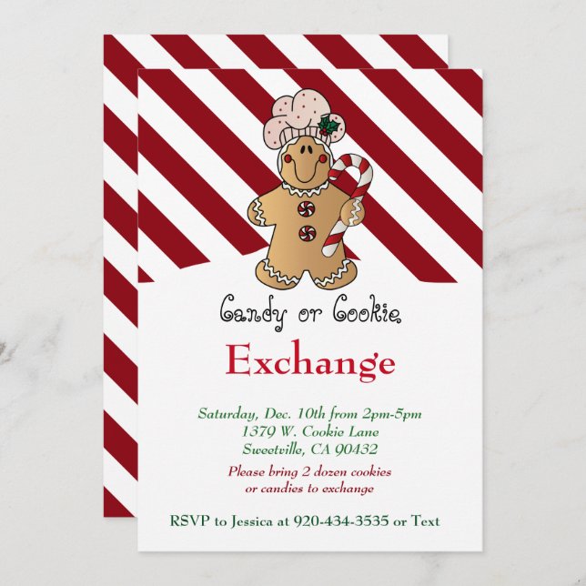 Candy Cane Gingerbread Cookie & Candy Exchange Invitation (Front/Back)