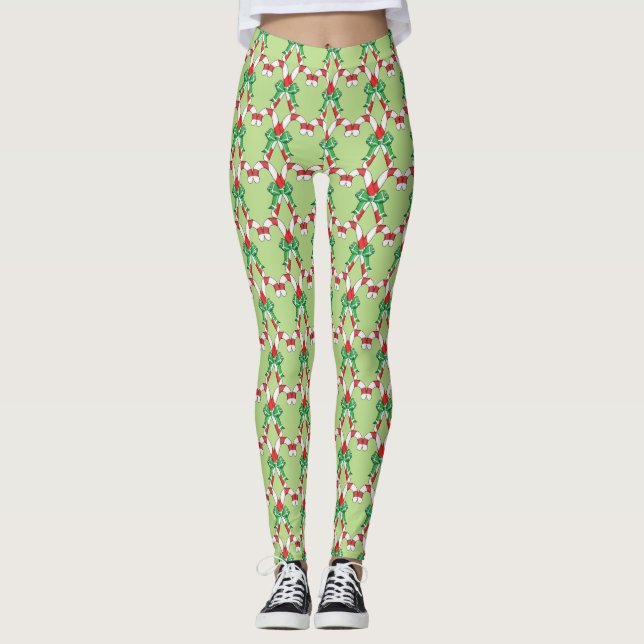 Candy Cane Green Christmas Leggings (Front)