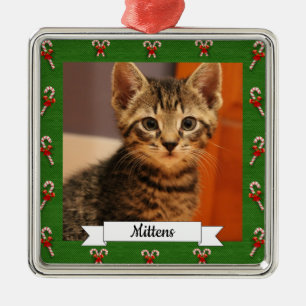 Candy Cane Green Frame Customisable Kitty Metal Ornament