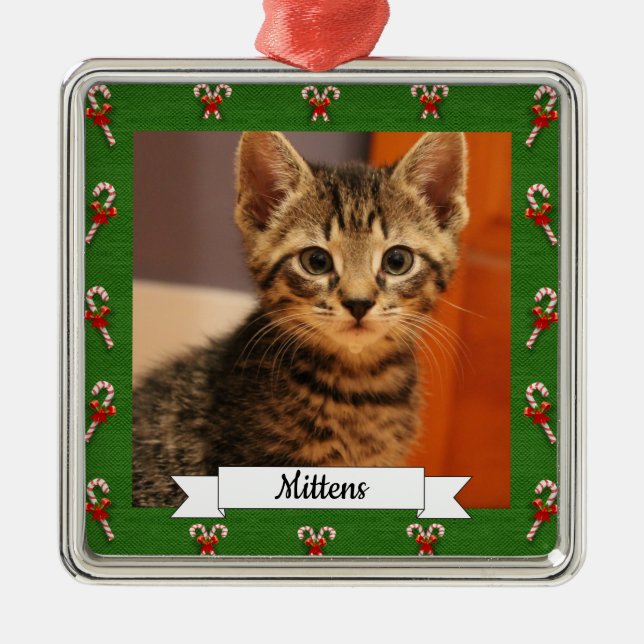 Candy Cane Green Frame Customisable Kitty Metal Ornament (Front)