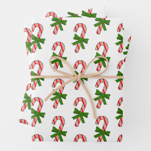 Candy Cane Green Ribbons Drawings Christmas Wrapping Paper Sheet