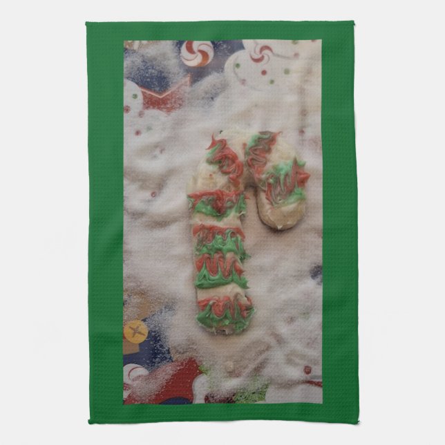 Candy Cane Hand Towel on Green (Vertical)