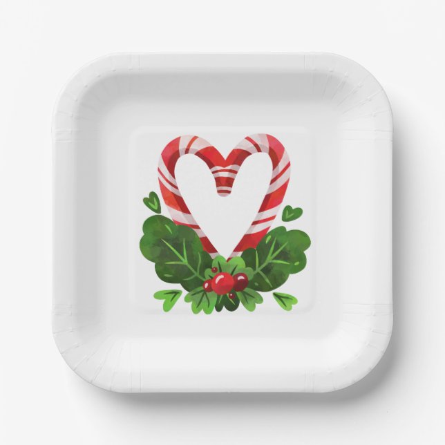 Candy Cane Heart Christmas Holidays Sweet Festive Paper Plate (Front)