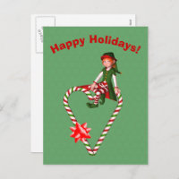 Candy Cane Heart Elf Christmas Holiday Postcard