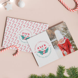 Candy Cane Heart Green Pine Christmas Crest Photo Holiday Card
