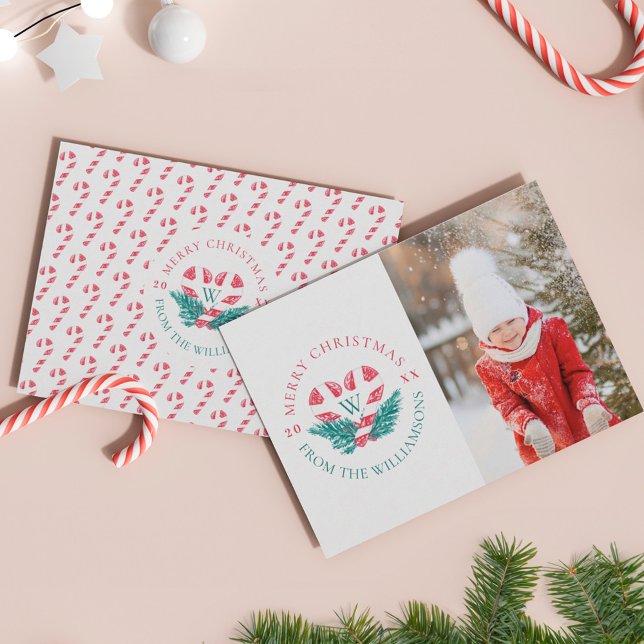 Candy Cane Heart Green Pine Christmas Crest Photo Holiday Card (Candy Cane Heart Green Pine Christmas Crest Photo Holiday Card)