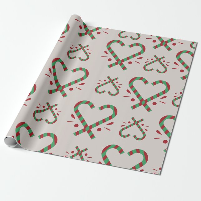 Candy Cane Heart-Shaped Christmas Wrapping Paper (Unrolled)