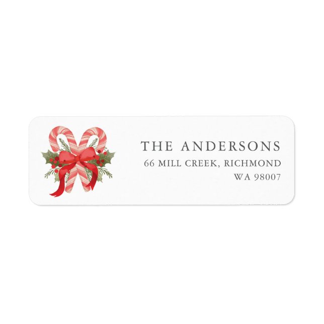 Candy cane, holly and bow Christmas return address Label (Front)