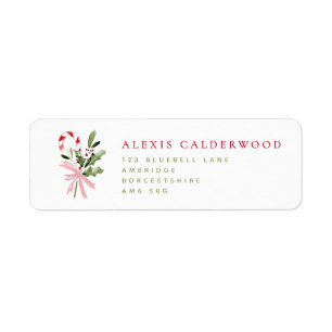 Candy Cane Holly & Bow Holiday Return Address Label