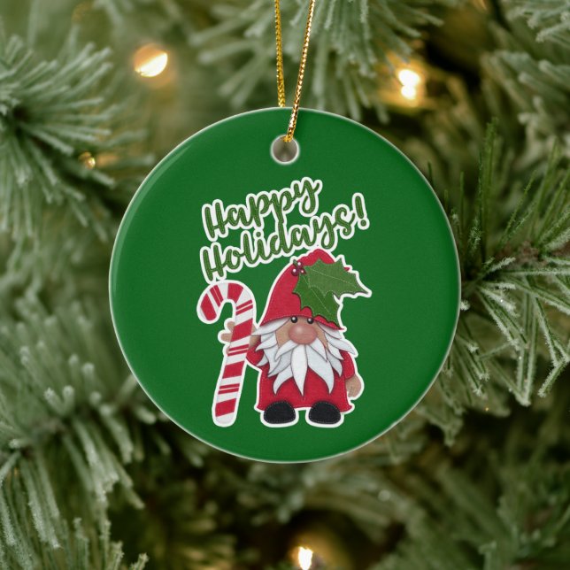 Candy Cane Holly Gnome | Happy Holidays! Ceramic Ornament (Tree)