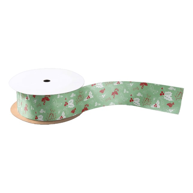 Candy Cane Holly | Green and Red Christmas Ribbon Satin Ribbon (Spool)