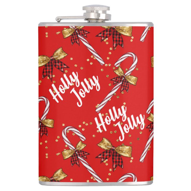 Candy Cane Holly Jolly Modern Festive Christmas Hip Flask (Front)