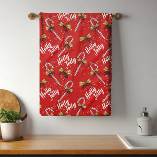 Candy Cane Holly Jolly Modern Festive Christmas Tea Towel