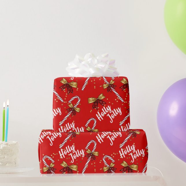 Candy Cane Holly Jolly Modern Festive Christmas Wrapping Paper (Party Gifts)