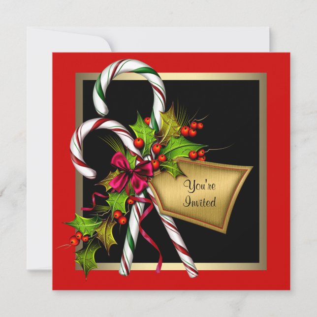 Candy Cane Holly Red Christmas Party Invitation (Front)