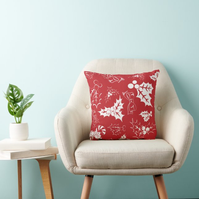 Candy Cane Holly | Red Holiday Throw Pillow (Chair)