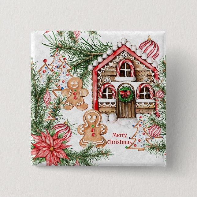 Candy cane house, gingerbread man, poinsettia 15 cm square badge (Front)