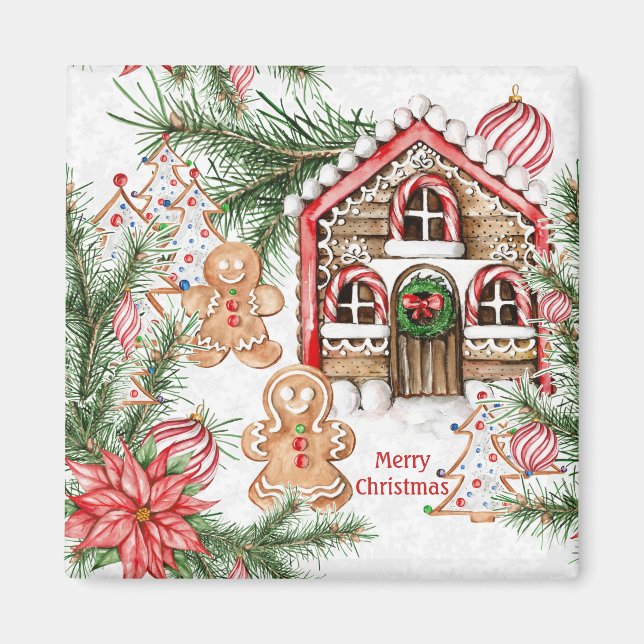 Candy cane house, gingerbread man, poinsettia magnet (Front)