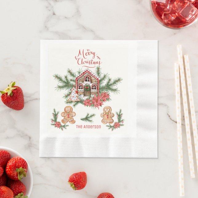 Candy Cane House, Gingerbread man Poinsettia Pine Napkin (Insitu)