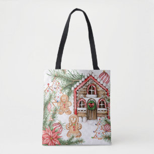 Candy cane house, gingerbread man, poinsettia tote bag