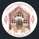 Candy cane house, gingerbread man, woman Christmas Classic Round Sticker<br><div class="desc">This design features candy cane house,  gingerbread man and woman,  Christmas red baubles. Family Christmas greetings text is written in an arc shaped circular curve.</div>