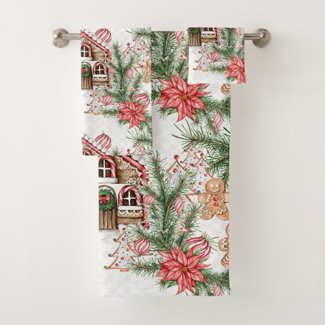Candy cane house, poinsettia, gingerbread man bath towel set (Insitu)