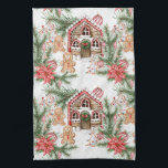 Candy cane house, poinsettia, gingerbread man tea towel<br><div class="desc">This design features candy cane house,  gingerbread man and woman,  Christmas tree,  Poinsettias,  pine branch and red - white Christmas baubles.</div>