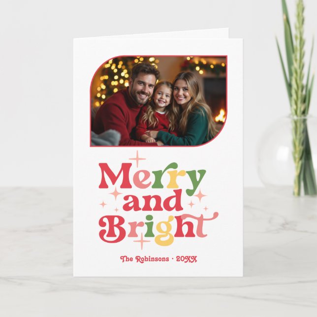 Candy Cane Merry and Bright Retro Christmas Photo Holiday Card (Front)
