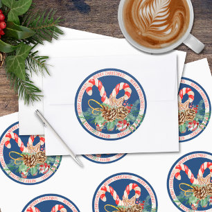 Candy Cane Merry Christmas Round Sticker (Blue)