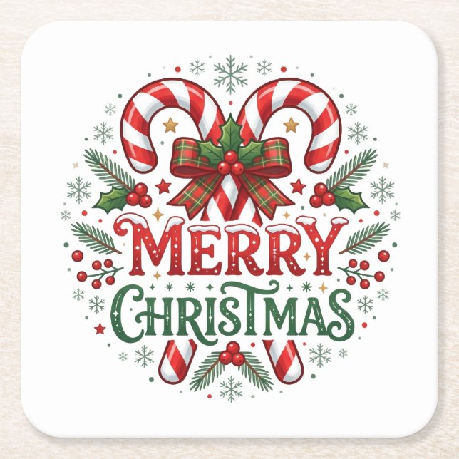 Candy Cane Merry Christmas  Square Paper Coaster (Front)