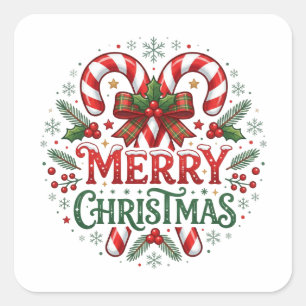 Candy Cane Merry Christmas Square Sticker